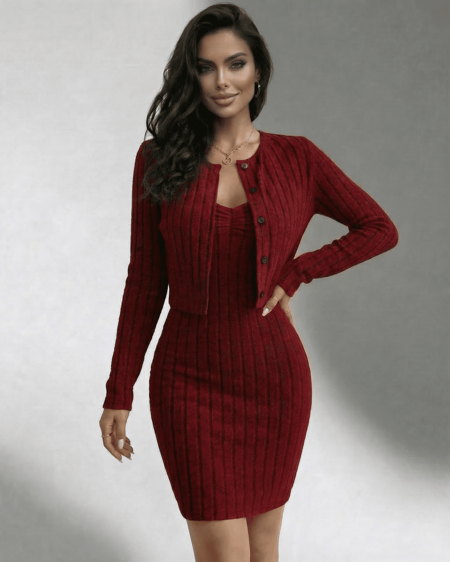 Bordeaux Set by Lauven – Elegant ribbed slim fit two-piece dress and cardigan in rich red.