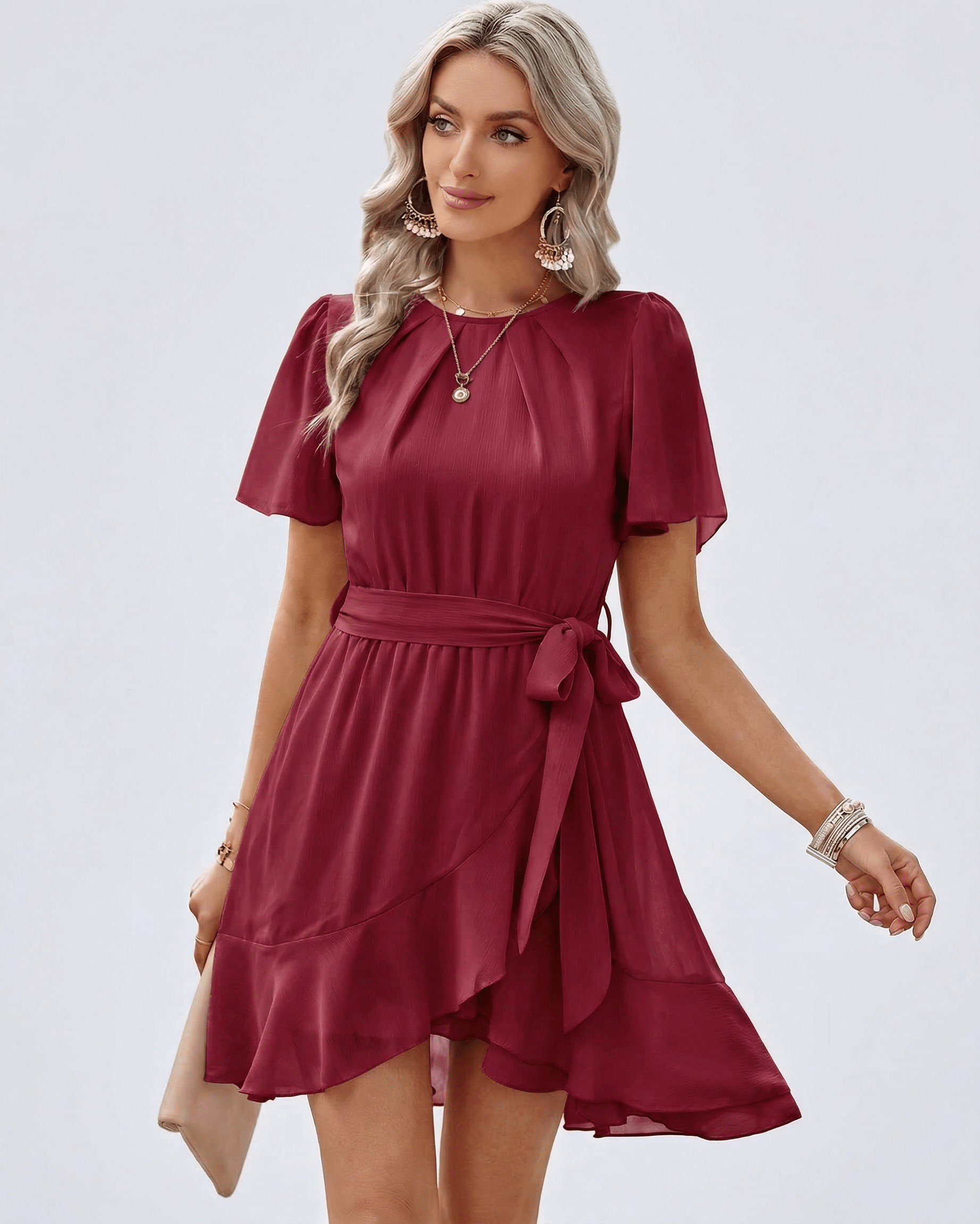 Burgundy Ruffle Dress by Lauven, featuring flutter sleeves and adjustable waist tie for a feminine silhouette.