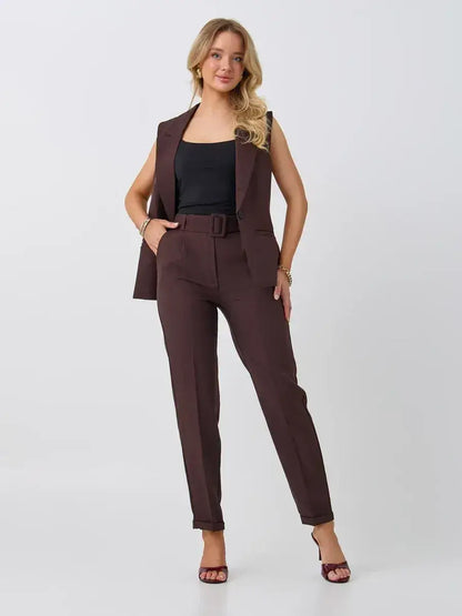 Cacao Suit Set by Lauven featuring a sleeveless chocolate vest and high-waist pants for a stylish ensemble.