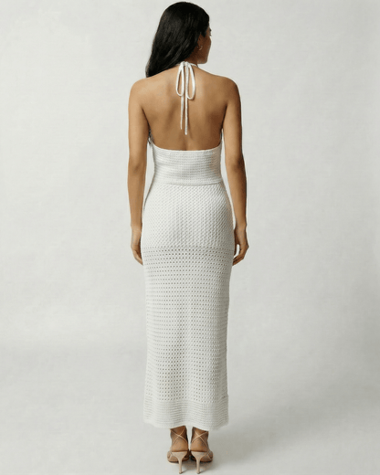 Calista Maxi Dress by Lauven, featuring a crochet halter design with an open back and elegant silhouette.
