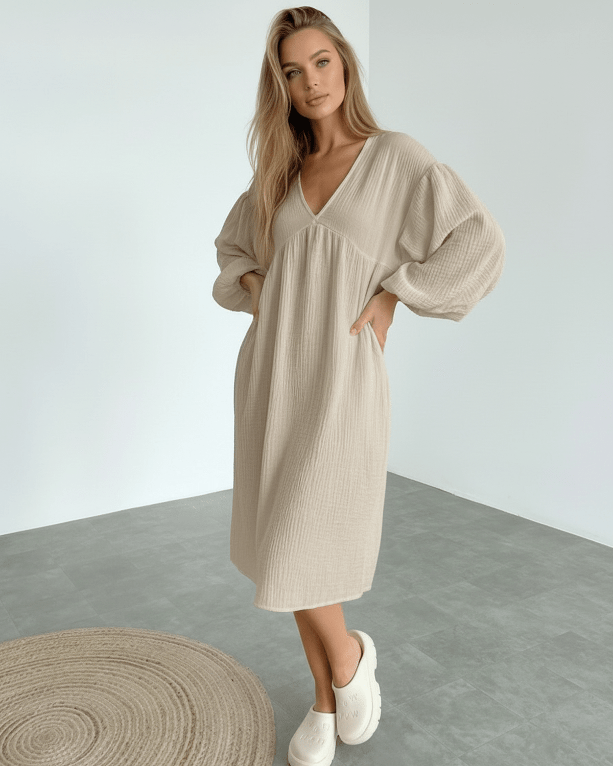 Calista Midi Dress - Beige Cotton Midi Dress with Puff Sleeves by Lauven, perfect for modern minimalism and everyday elegance.