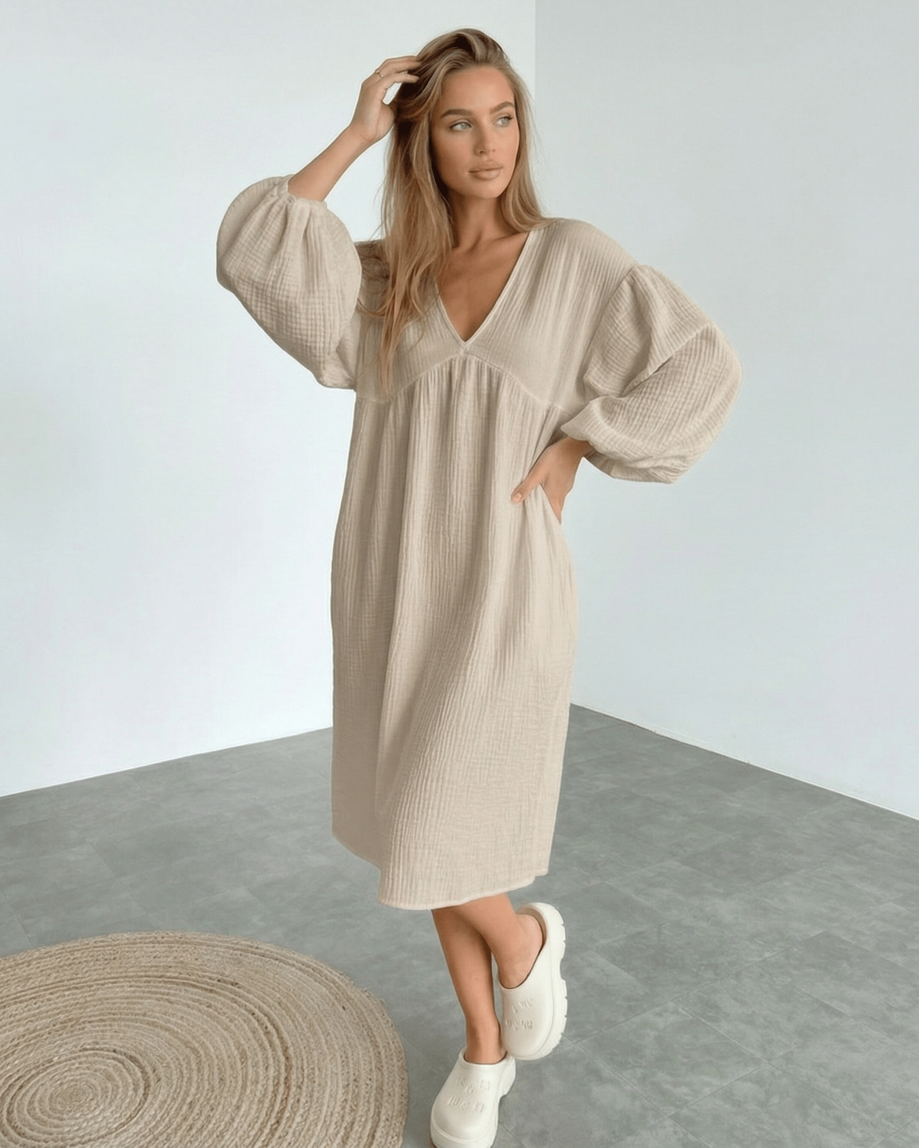 Calista Midi Dress - Beige cotton dress with puff sleeves, modern minimalism, by Lauven, for everyday elegance.