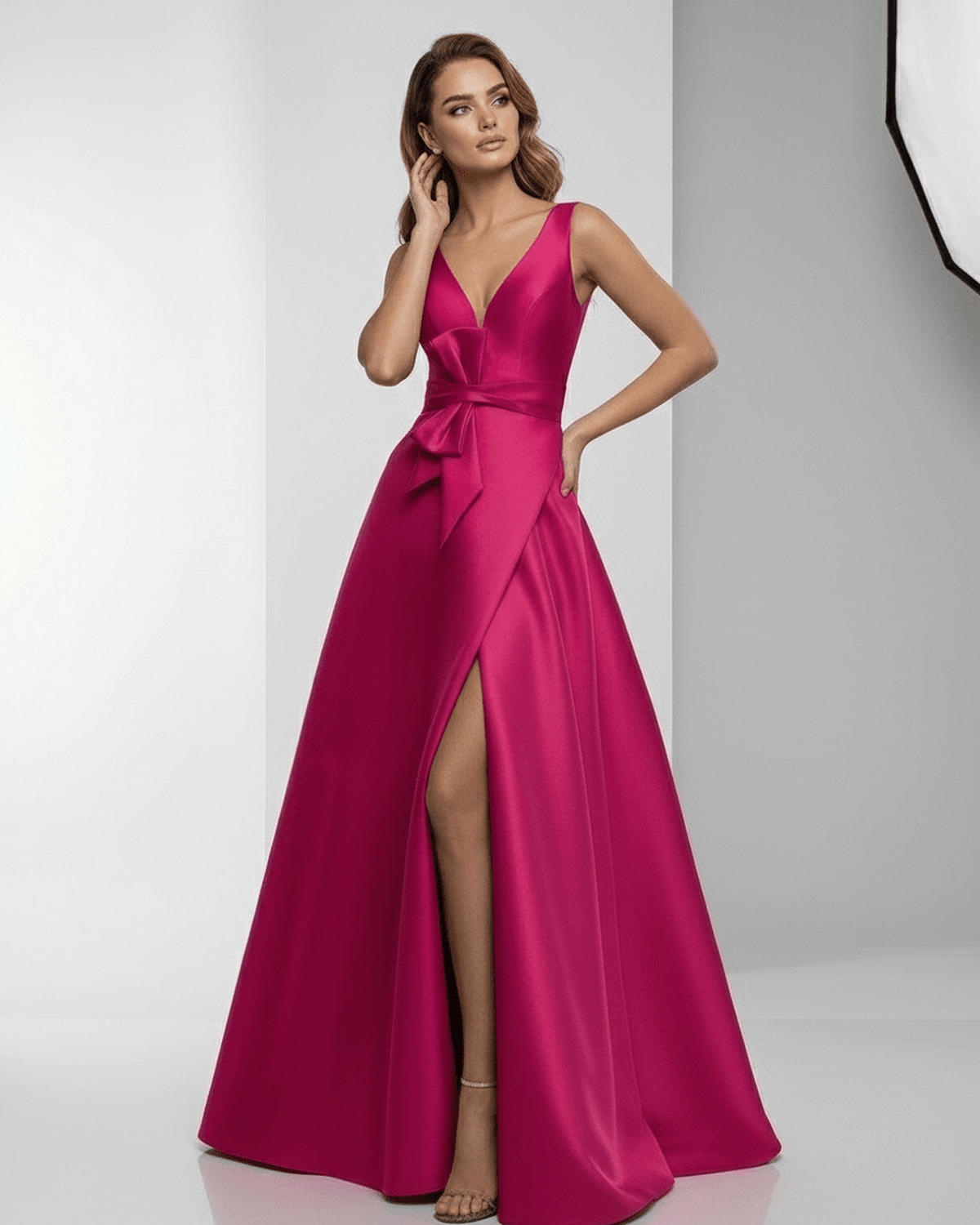 Calypso Maxi Dress - Fuchsia satin A-line dress with V-neck and thigh-high slit by Lauven, perfect for elegant evenings.