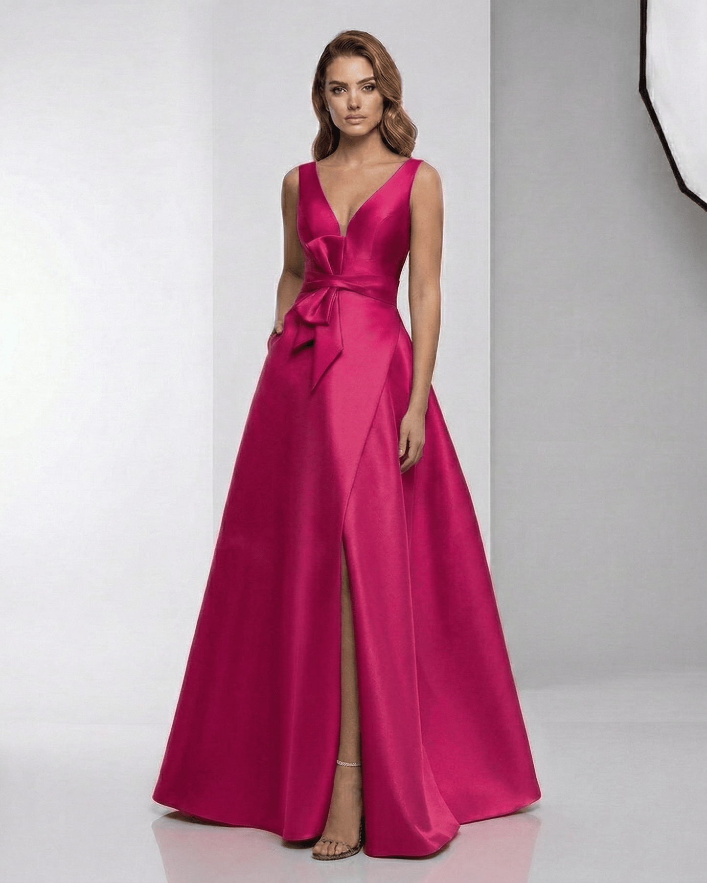 Calypso Maxi Dress - Fuchsia satin A-line V-neck evening gown with a flowing skirt by Lauven.