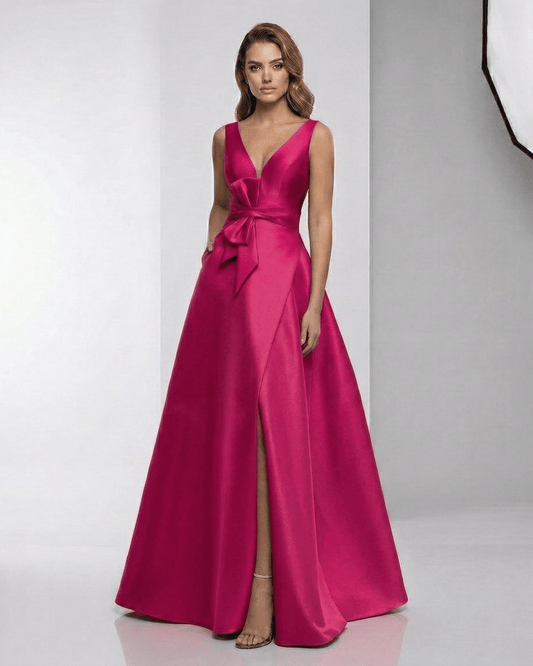 Calypso Maxi Dress - Fuchsia satin A-line V-neck evening gown with a flowing skirt by Lauven.