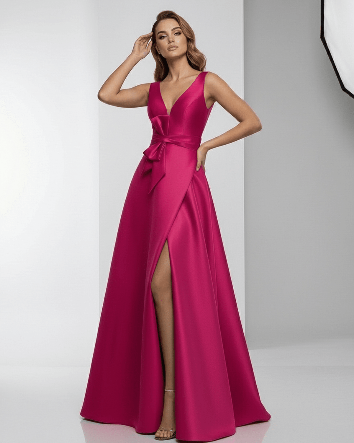 Calypso Maxi Dress - Fuchsia satin, A-Line, V-neck, floor-length design by Lauven, perfect for elegance and polished looks.