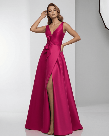 Calypso Maxi Dress - Fuchsia satin, A-Line, V-neck, floor-length design by Lauven, perfect for elegance and polished looks.