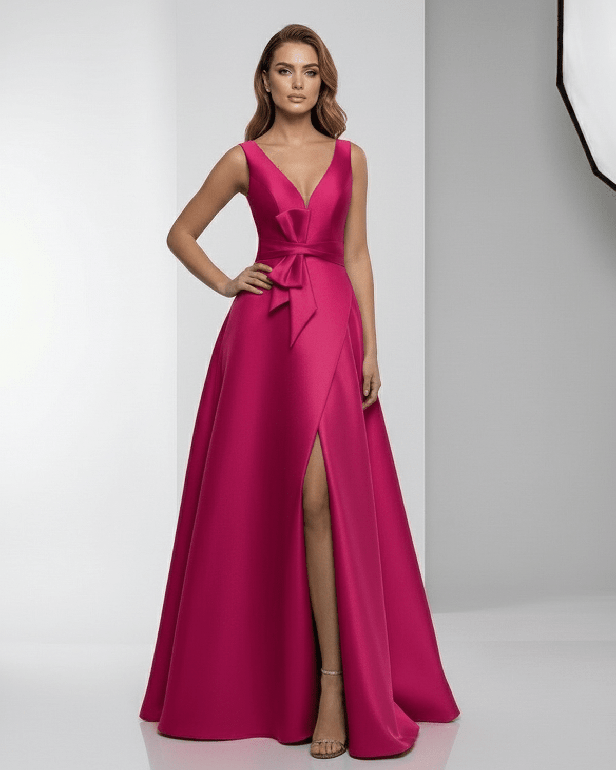 Calypso Maxi Dress - Fuchsia satin A-line V-neck evening dress by Lauven, featuring a stylish bow and elegant leg slit.