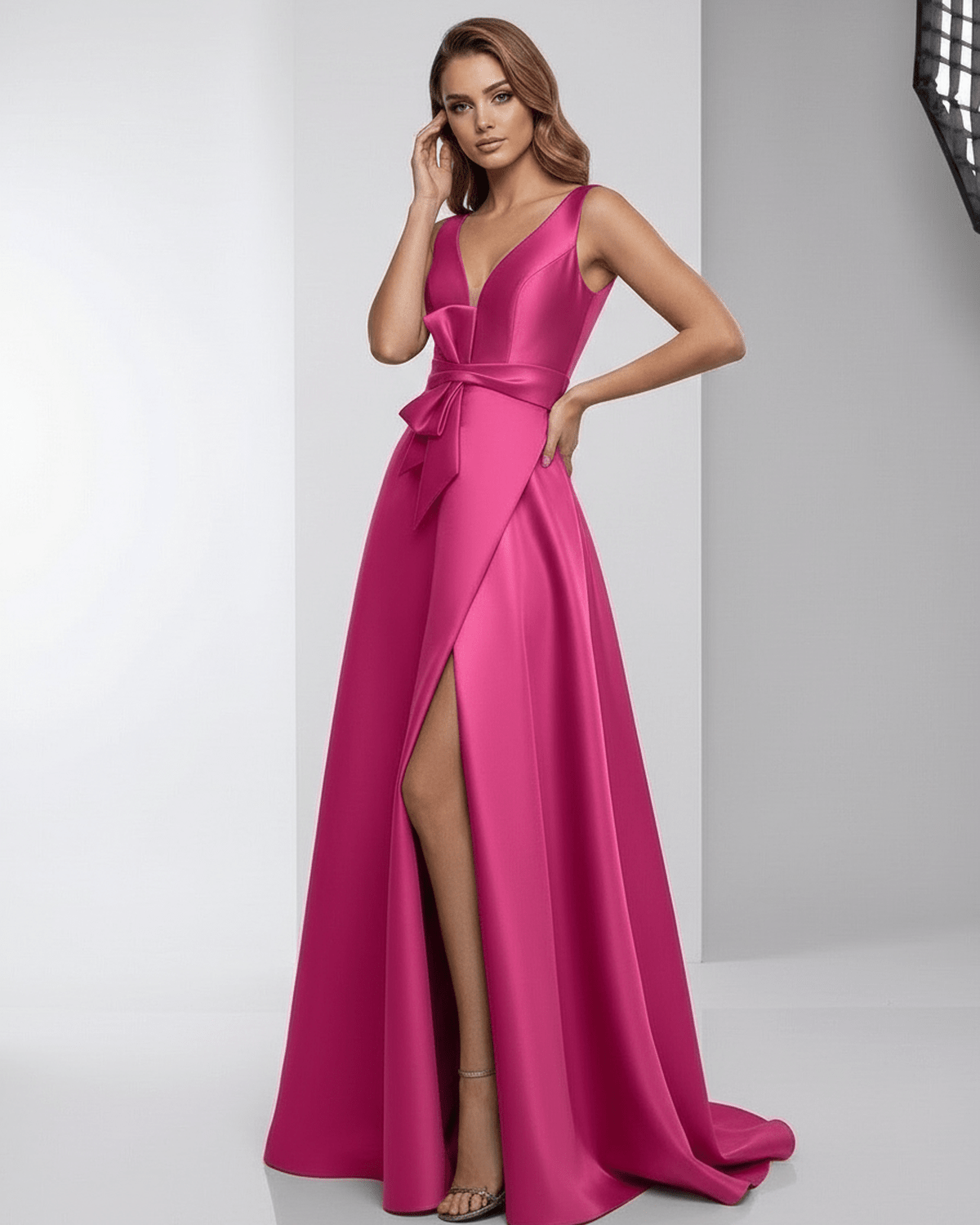 Calyptra Maxi Dress in fuchsia satin, A-Line with deep V-neck and side slit, Lauven brand elegance.