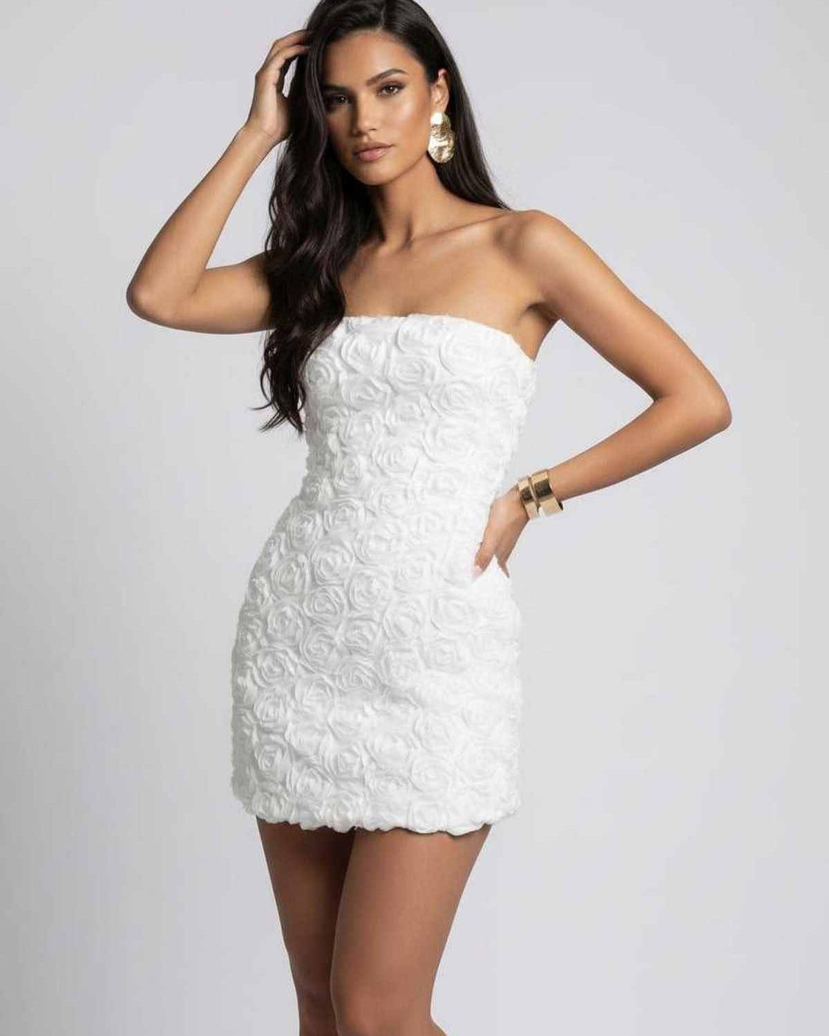 Camellia Mini Dress, strapless floral texture in white, by Lauven, elegant and modern silhouette for elevated occasions.