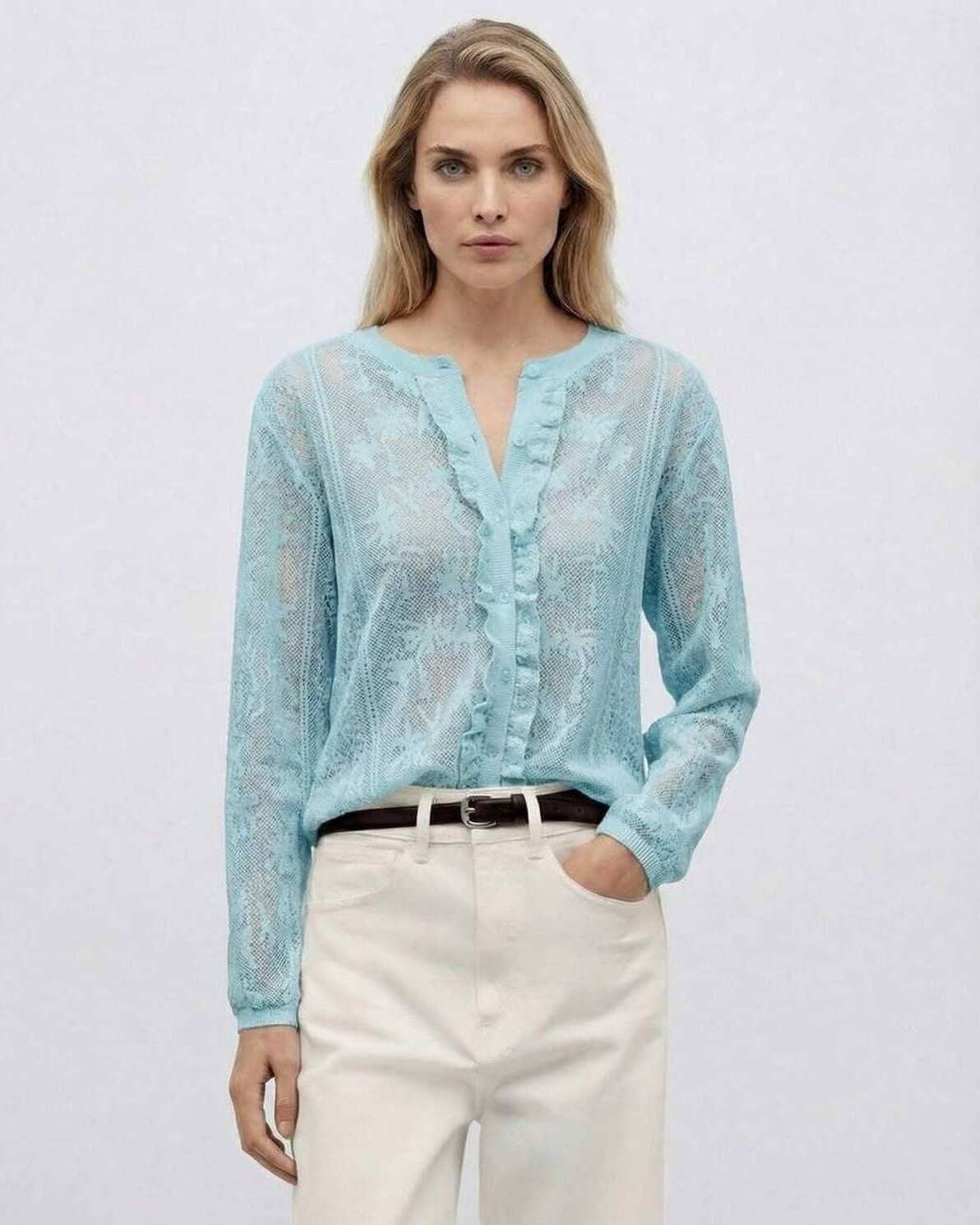 Lauven Capri Blouse featuring a light blue long sleeve jacquard knit design with button front and feminine details.