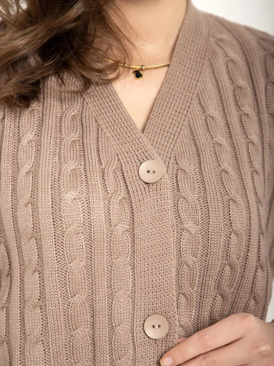 Capri Cardigan cropped cappuccino knit with button closure from Lauven, featuring a sophisticated knit texture.