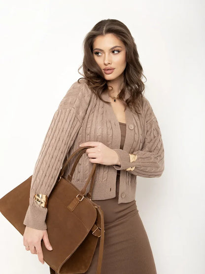 Capri Cardigan by Lauven in cropped cappuccino knit with button closure, styled with a fashionable handbag.