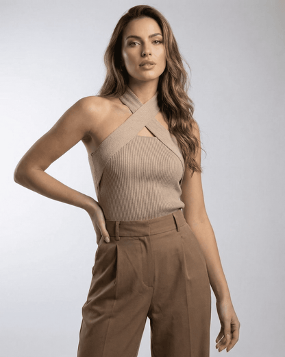 Capri Top by Lauven, ribbed halter knit top with elegant minimal design, perfect for casual and styled looks.