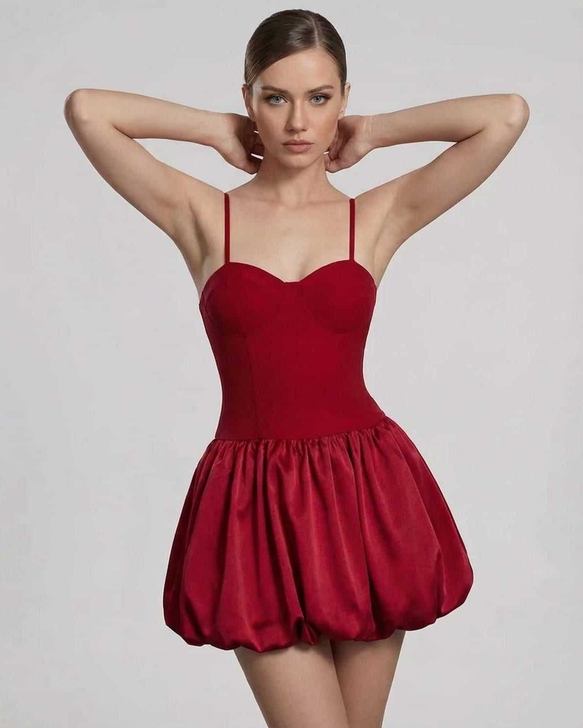 Carmine Mini Dress by Lauven featuring a sculpted bodice and puff skirt silhouette in rich red.