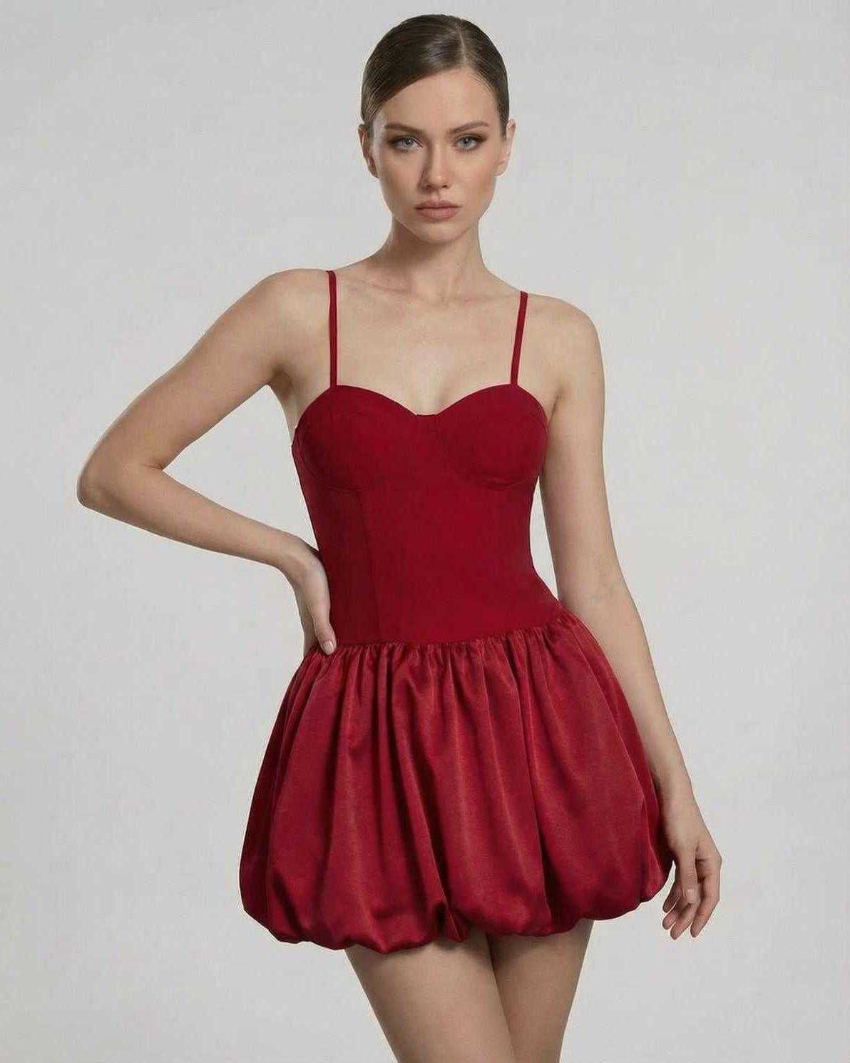 Carmine Mini Dress by Lauven featuring a sculpted bodice and puff skirt silhouette in a rich red hue.