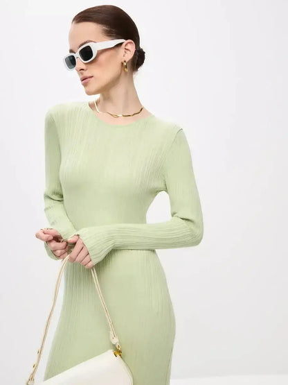 Celery Luxe Maxi Dress by Lauven, showcasing a light green ribbed design and seamless elegance in a sophisticated setting.