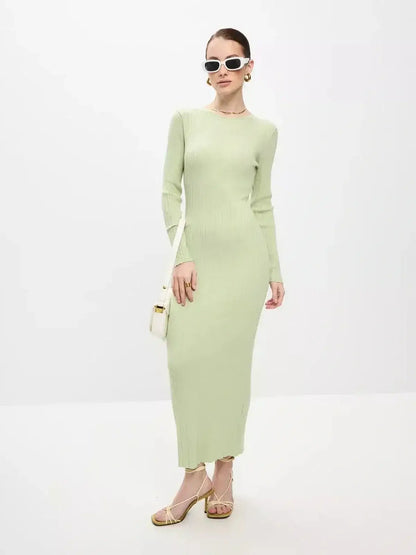 Celery Luxe Maxi Dress by Lauven, featuring a light green ribbed design and elegant long sleeves.