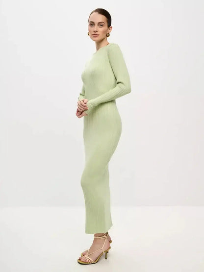 Celery Luxe Maxi Dress by Lauven, featuring a light green ribbed-knit design with a sculpted fit and seamless elegance.