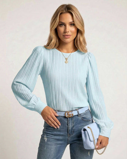 Celeste Blouse by Lauven - Elegant light blue pleated long sleeve top, stylish for any modern wardrobe.