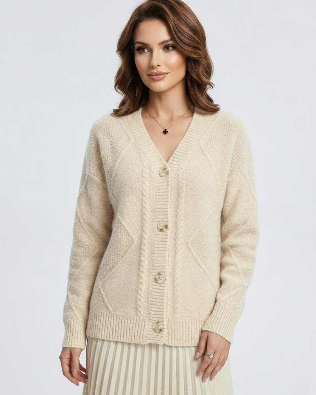 Celeste Cardigan by Lauven - Elegant long-sleeve knitwear with V-neck and button details.