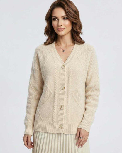 Celeste Cardigan by Lauven - Elegant long-sleeve knitwear with V-neck and button details.