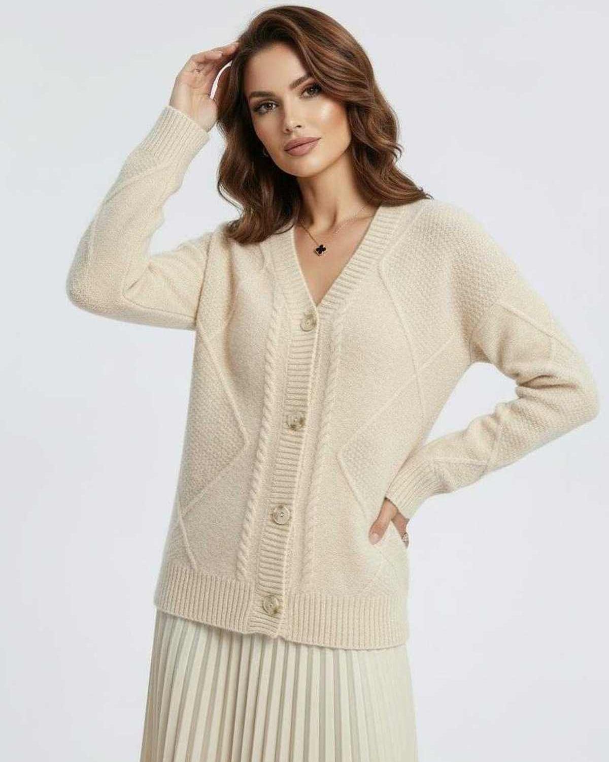 Celeste Cardigan by Lauven - Elegant long-sleeve knitwear with V-neck design in soft beige.
