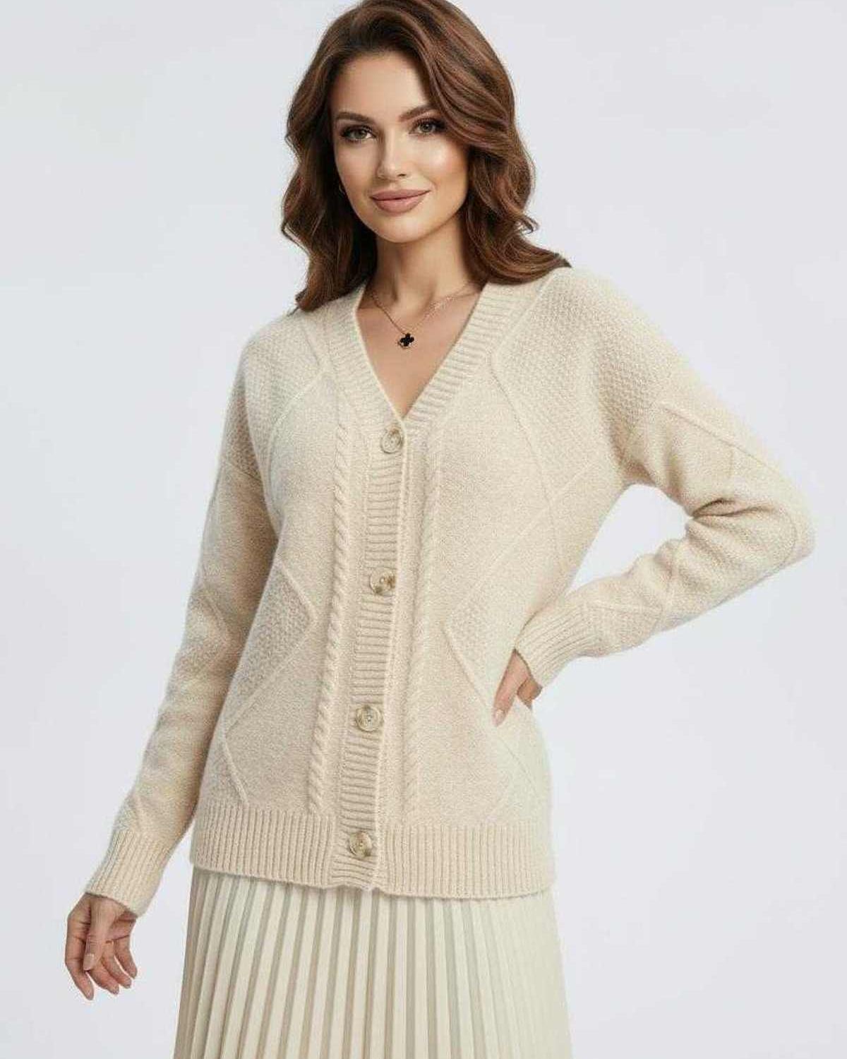 Celeste Cardigan by Lauven - Elegant long-sleeve knitwear with v-neck design in soft beige.