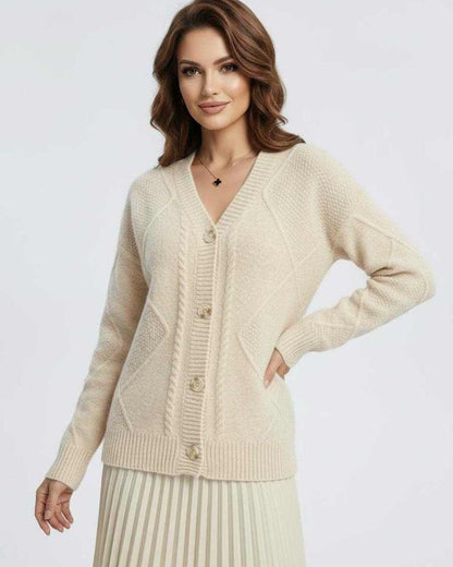Celeste Cardigan by Lauven - Elegant long-sleeve knitwear with v-neck design in soft beige.