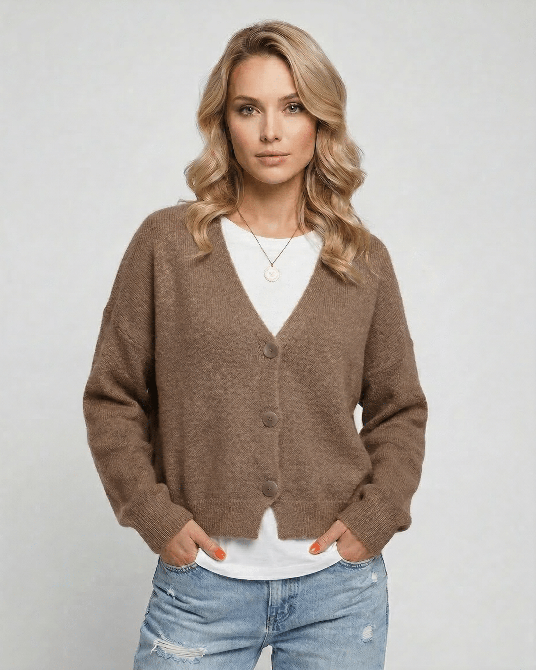Celeste Cardigan by Lauven, soft brown knitwear, relaxed fit, perfect for fall and winter layering.