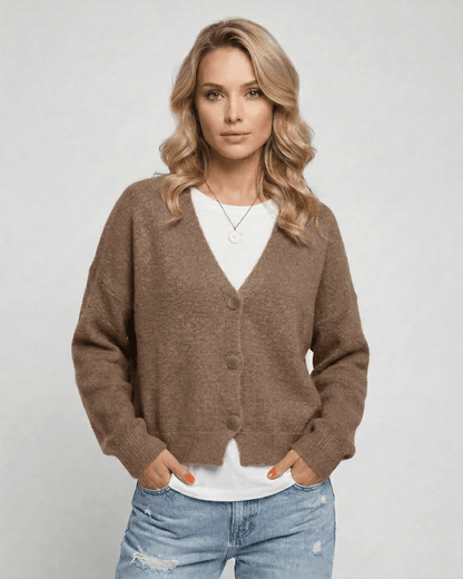 Celeste Cardigan by Lauven, soft brown knitwear, relaxed fit, perfect for fall and winter layering.