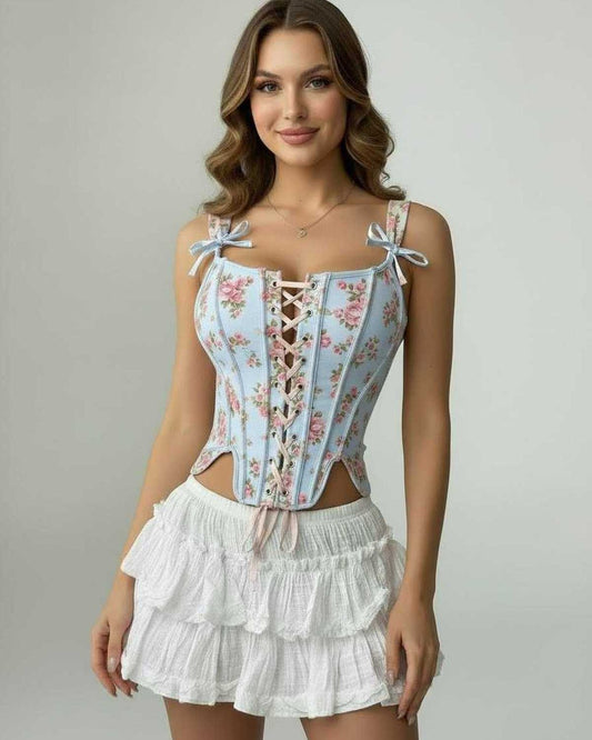 Celeste Corset Top by Lauven featuring a blue floral lace-up design and structured silhouette.