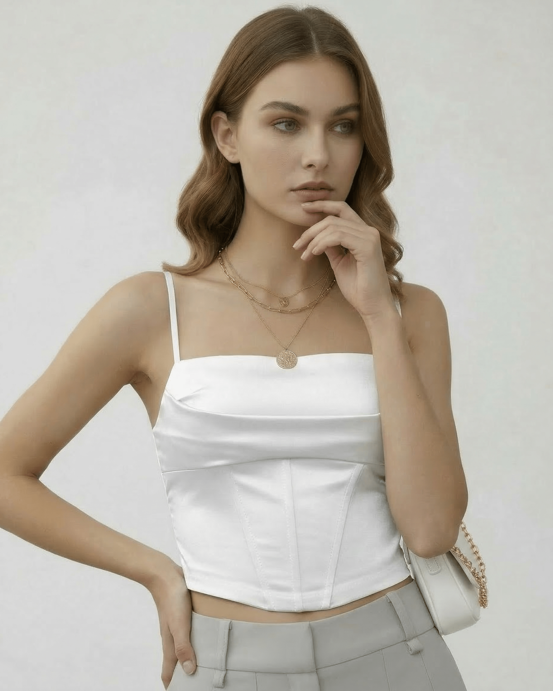 Celeste Corset Top by Lauven in white satin, showcasing structured elegance and sleek silhouette.