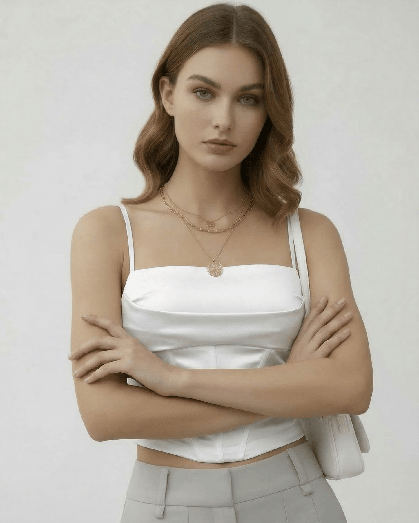 Celeste Corset Top by Lauven, elegant white satin sleeveless corset top for a refined silhouette.