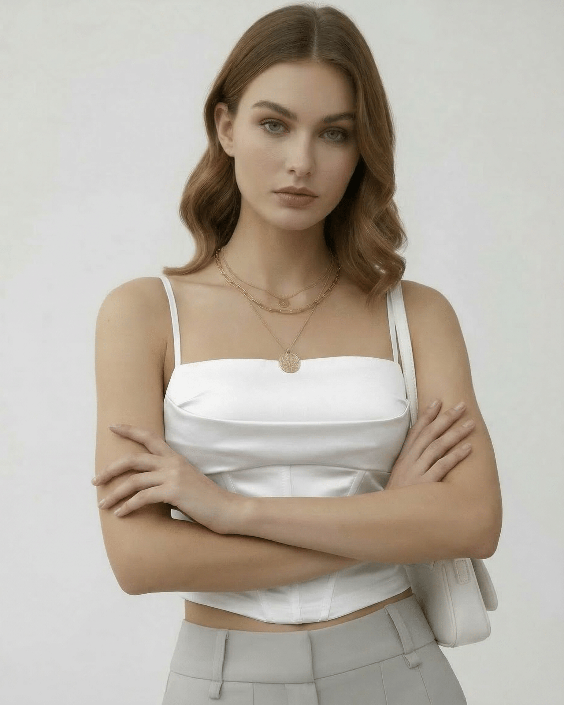 Celeste Corset Top by Lauven, elegant white satin sleeveless corset top for a refined silhouette.