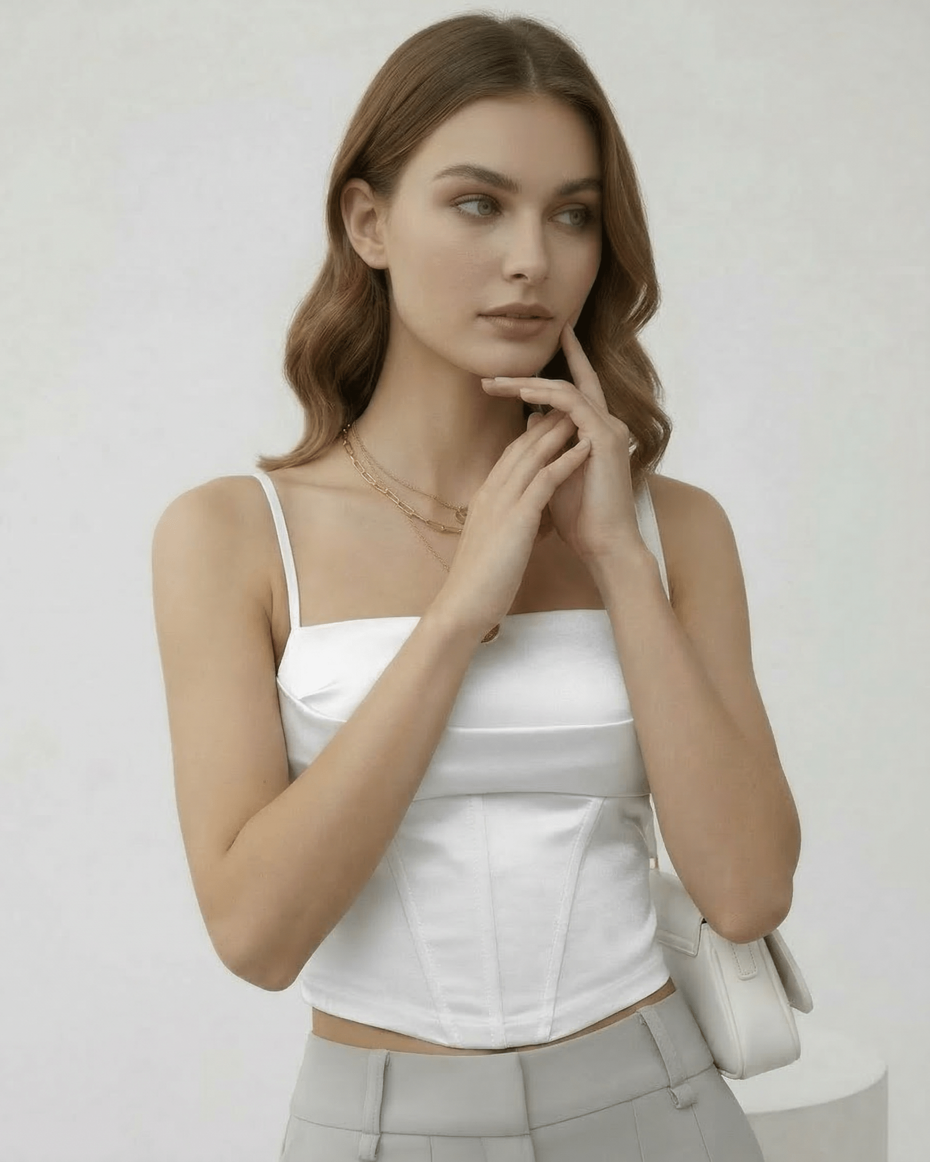 Celeste Corset Top by Lauven, showcasing a refined white satin design with structured elegance and a tailored silhouette.