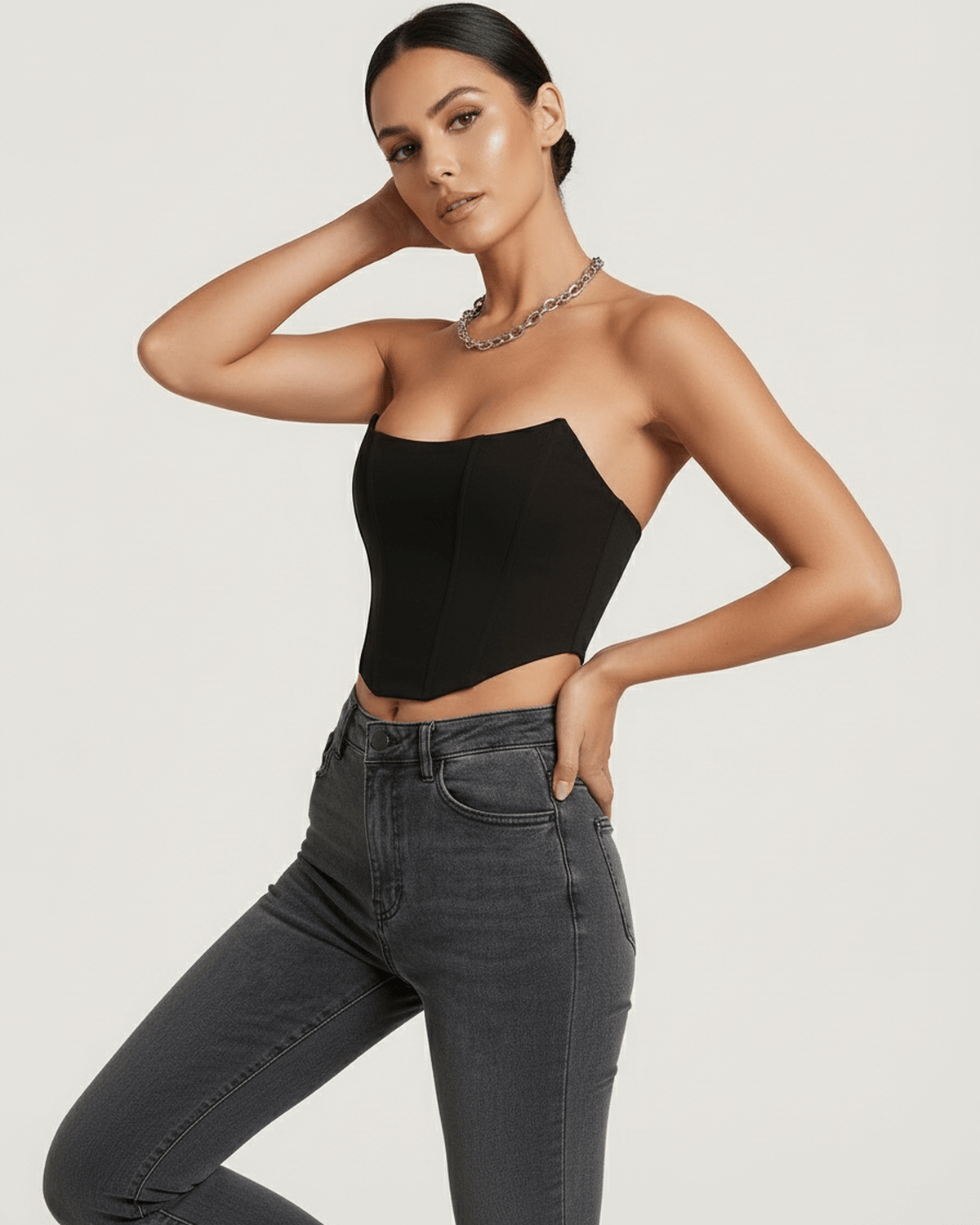Celeste Corset Top by Lauven in structured velvet, showcasing an elegant black design and sophisticated silhouette.