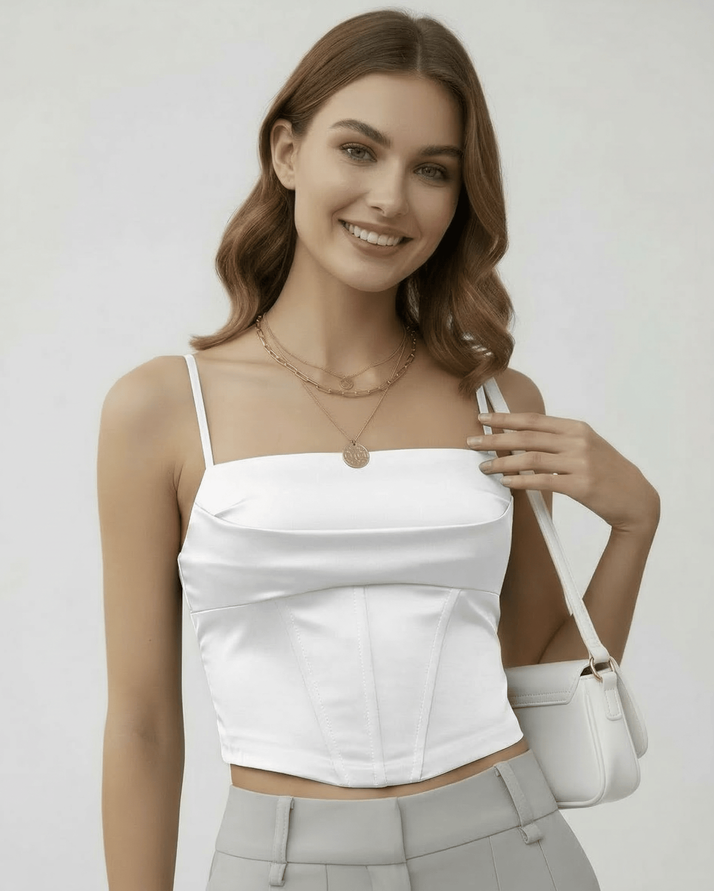 Celeste Corset Top by Lauven in refined white satin, showcasing structured elegance and a sleek silhouette.