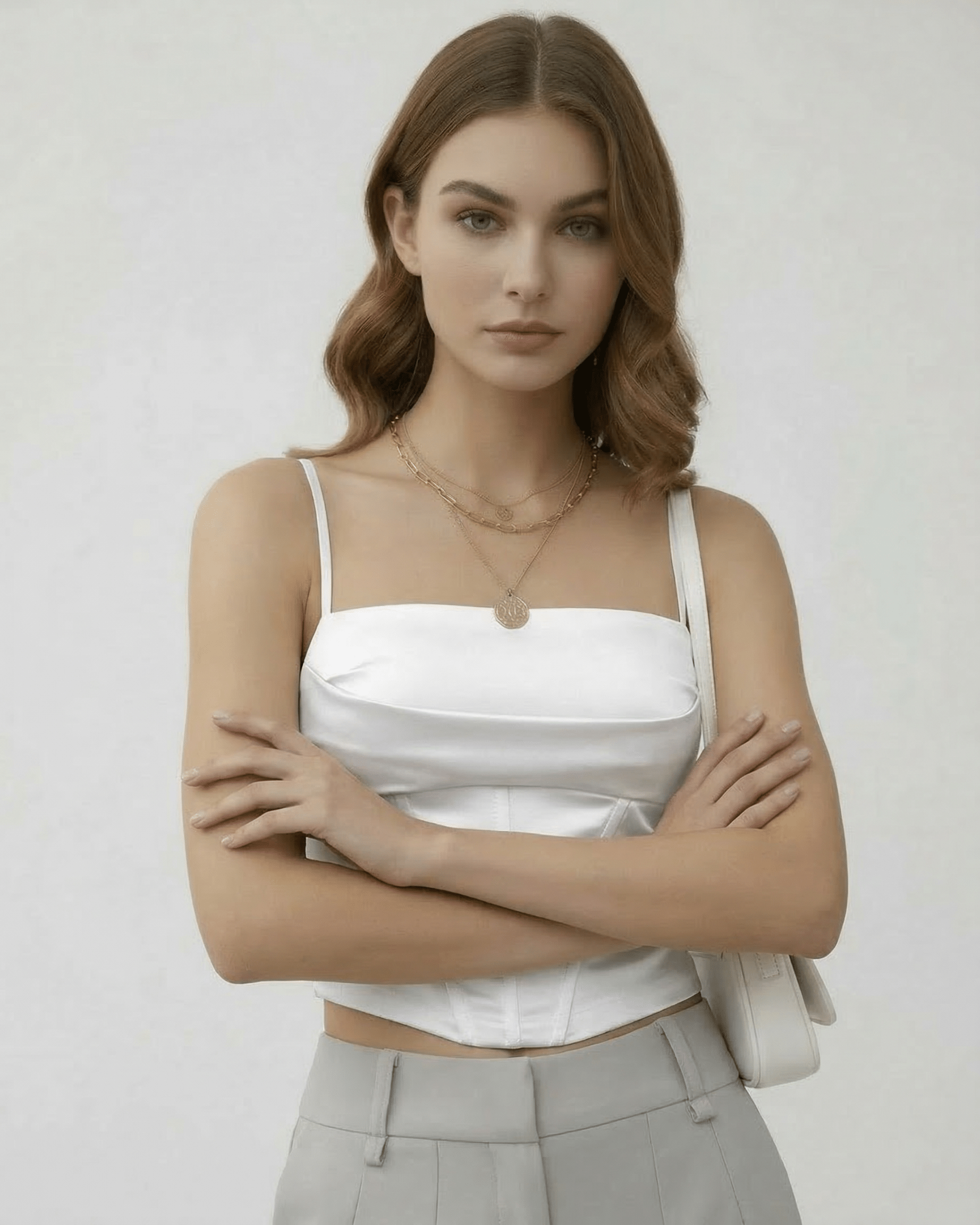 Celeste Corset Top by Lauven, showcasing a refined white satin design with structured elegance in a modern style.