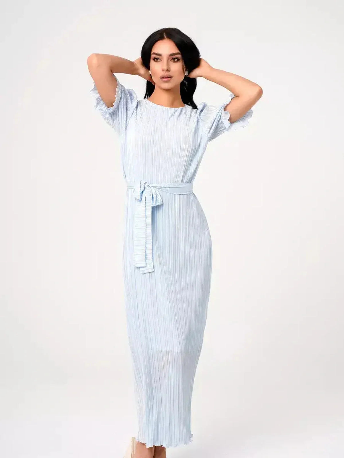 Celeste Flow Maxi Dress in light blue, featuring pleats, puff sleeves, and a self-tie waist, perfect for summer occasions.
