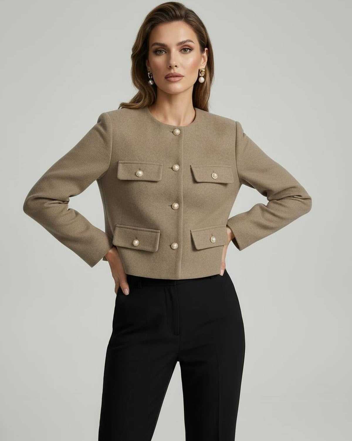 Celeste Jacket by Lauven - Chic structured wool blend jacket with gold buttons and a refined silhouette.
