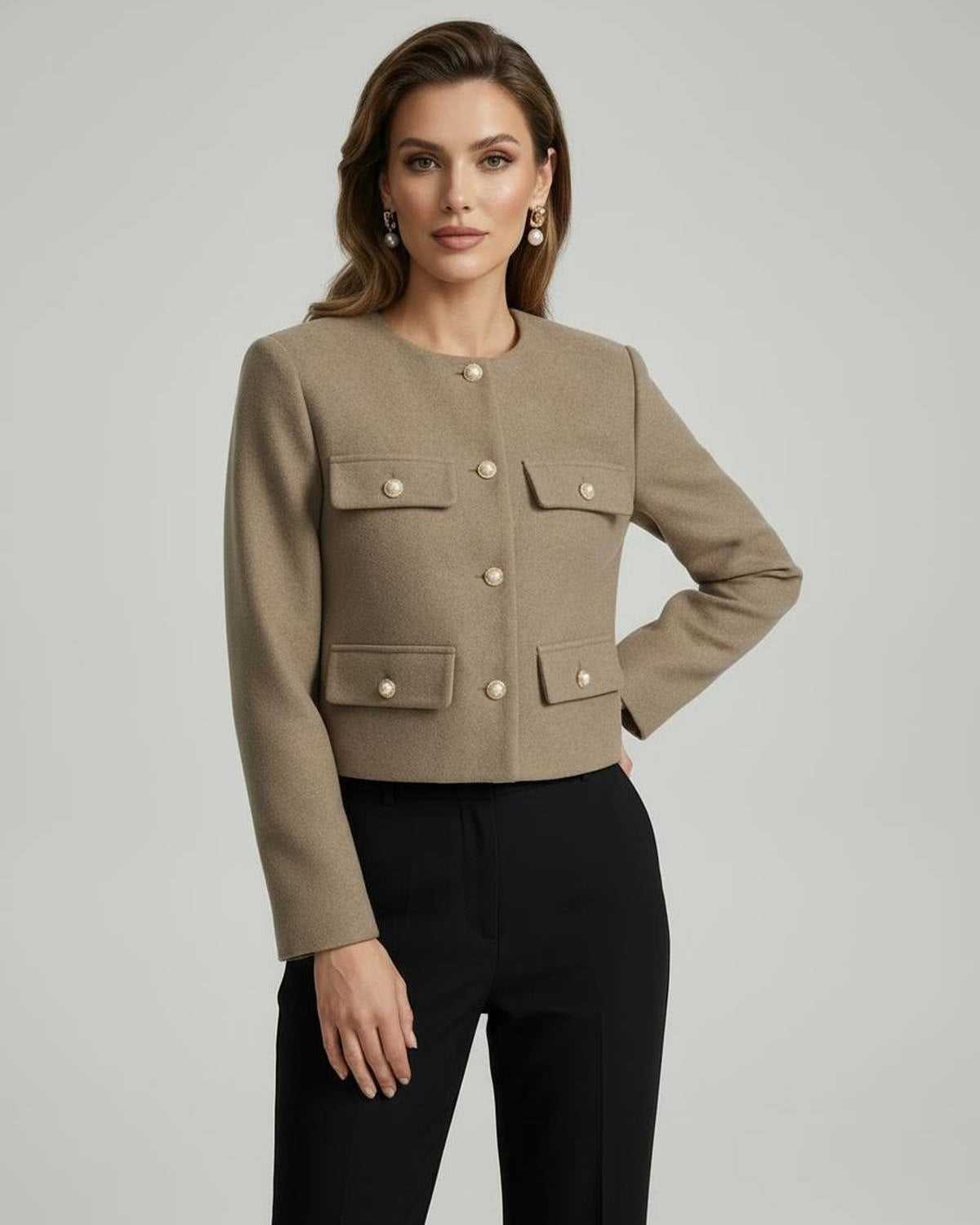 Celeste Jacket by Lauven, chic structured wool blend with gold buttons, modern sophistication in a beige tone.