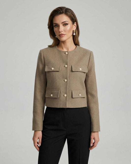 Celeste Jacket by Lauven, chic structured wool blend jacket with gold buttons in elegant beige tone.