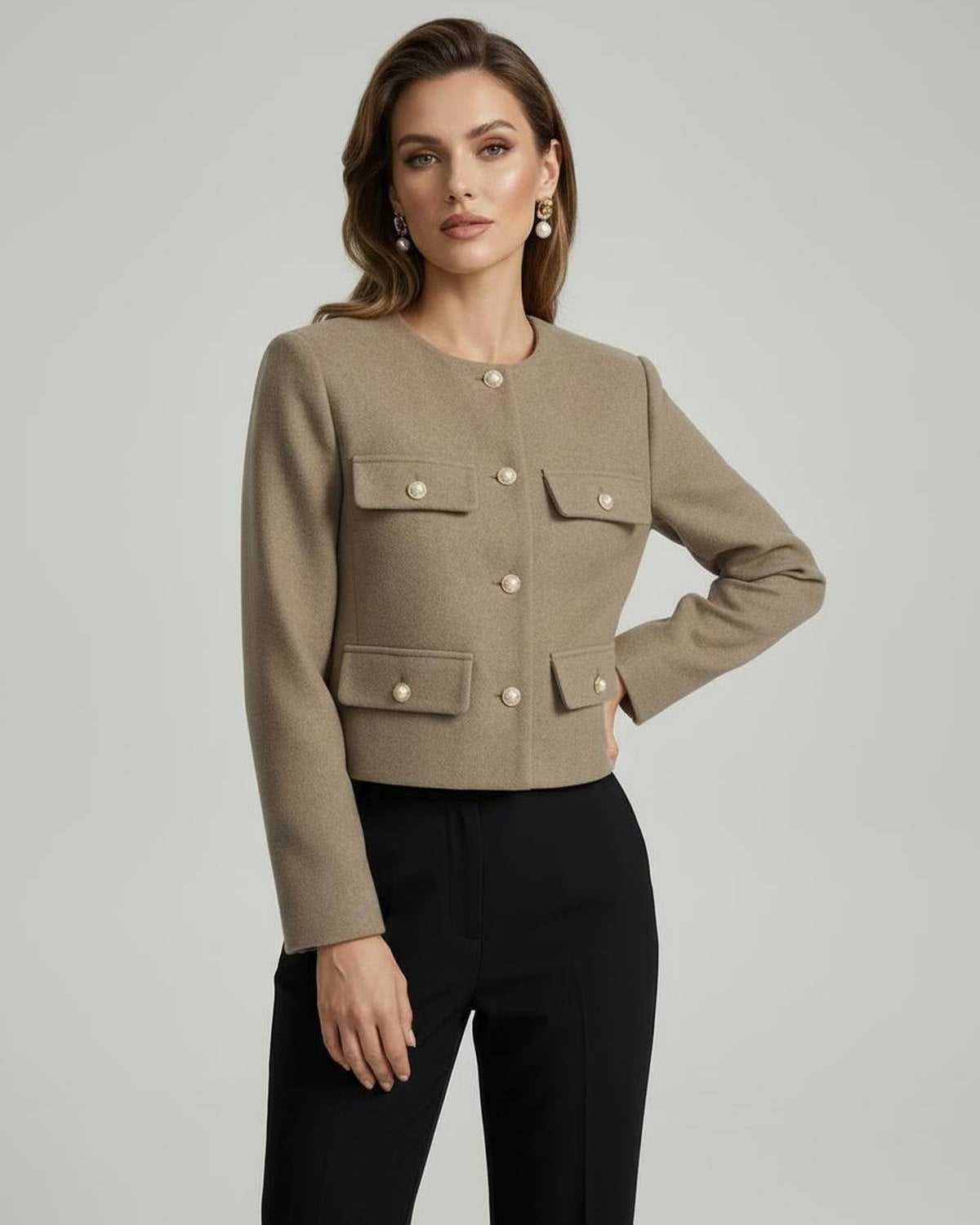 Celeste Jacket by Lauven, chic structured wool blend jacket in beige with gold buttons, perfect for stylish women's outerwear.