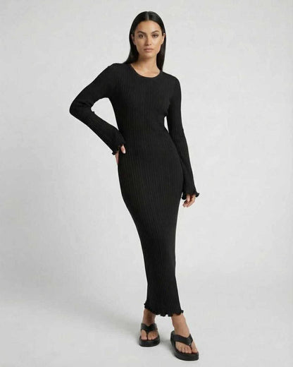 Celeste Maxi Dress by Lauven, elegant ribbed knit design with ruffle sleeves and a comfortable silhouette.