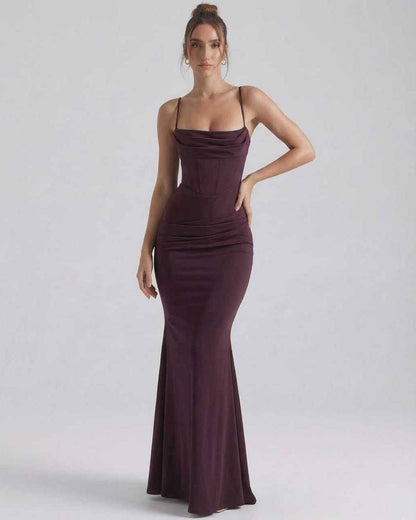 Celeste Maxi Dress, sleek sheath silhouette, spaghetti straps, deep plum color by Lauven.