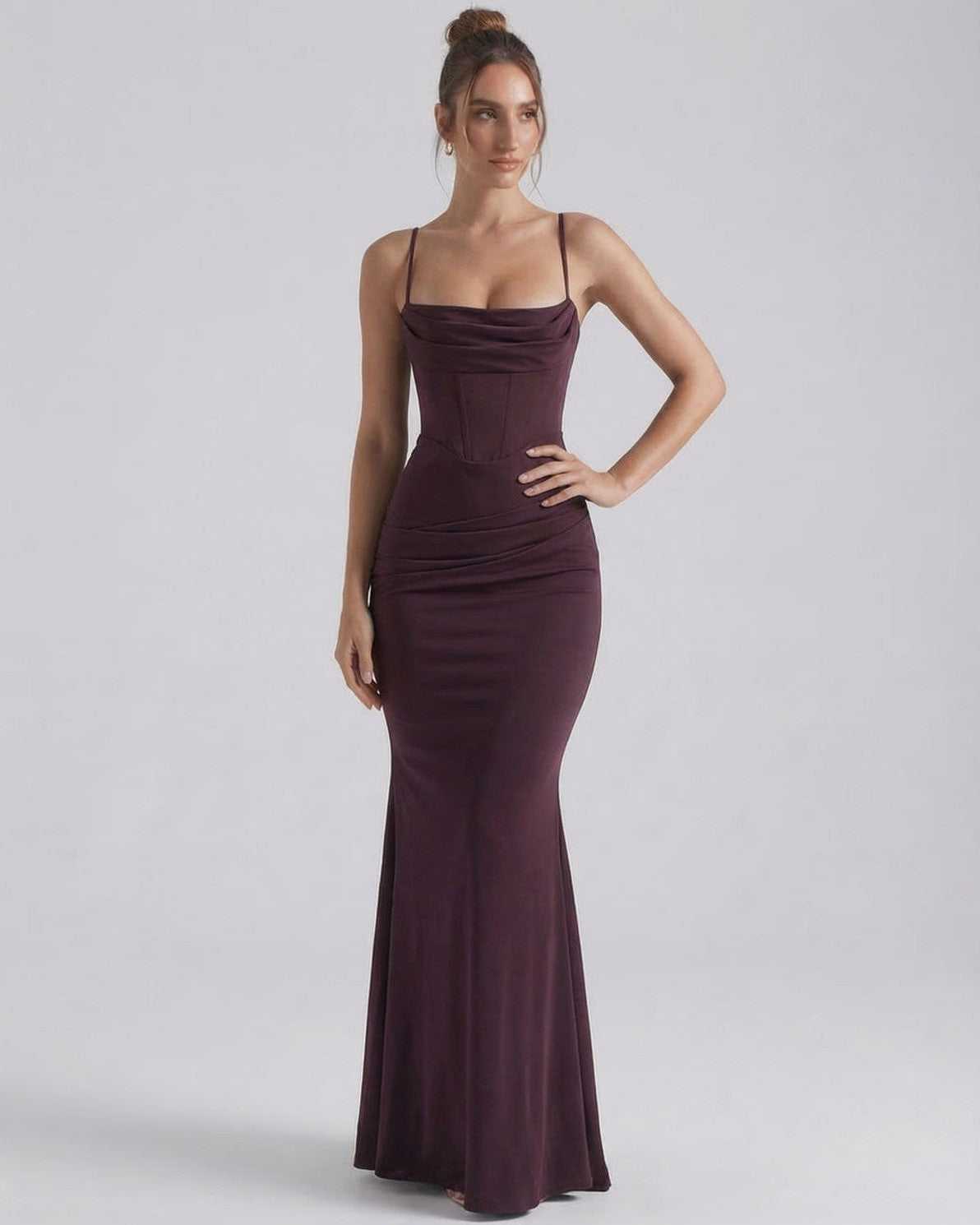 Celeste Maxi Dress in deep plum, featuring sleek sheath silhouette, spaghetti straps, by Lauven, blending elegance and comfort.