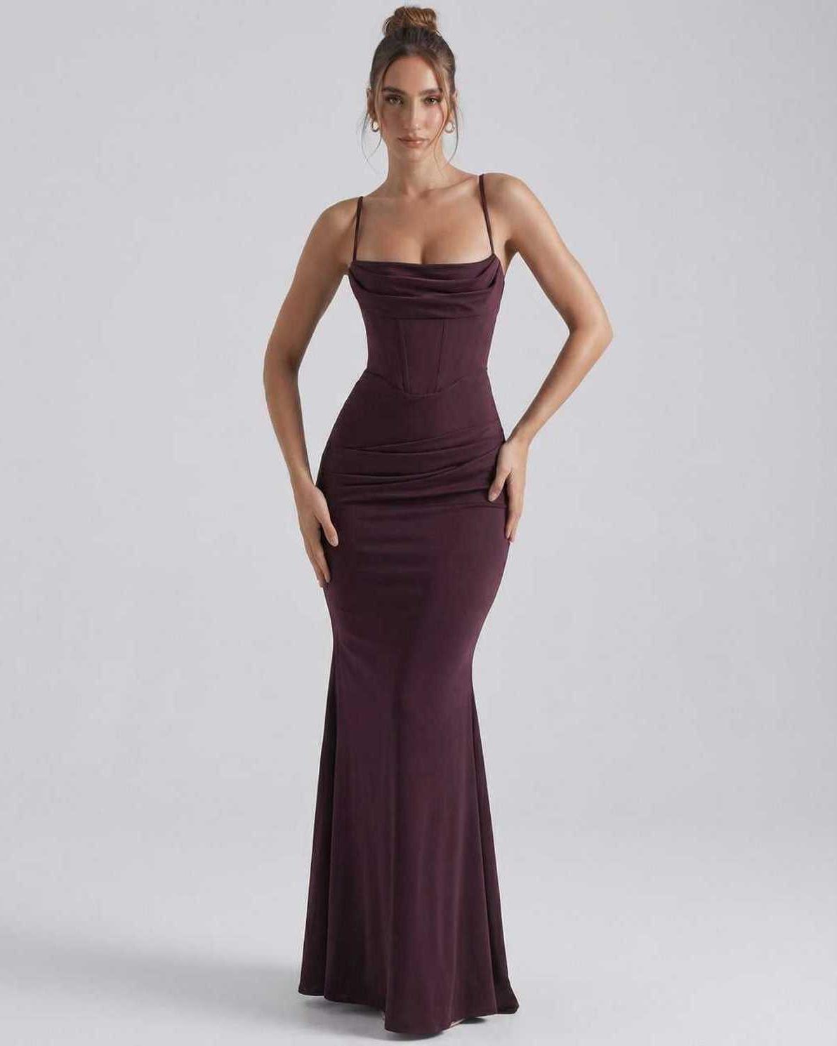 Celeste Maxi Dress in deep plum with sleek sheath silhouette and spaghetti straps by Lauven, refined elegance and comfort.