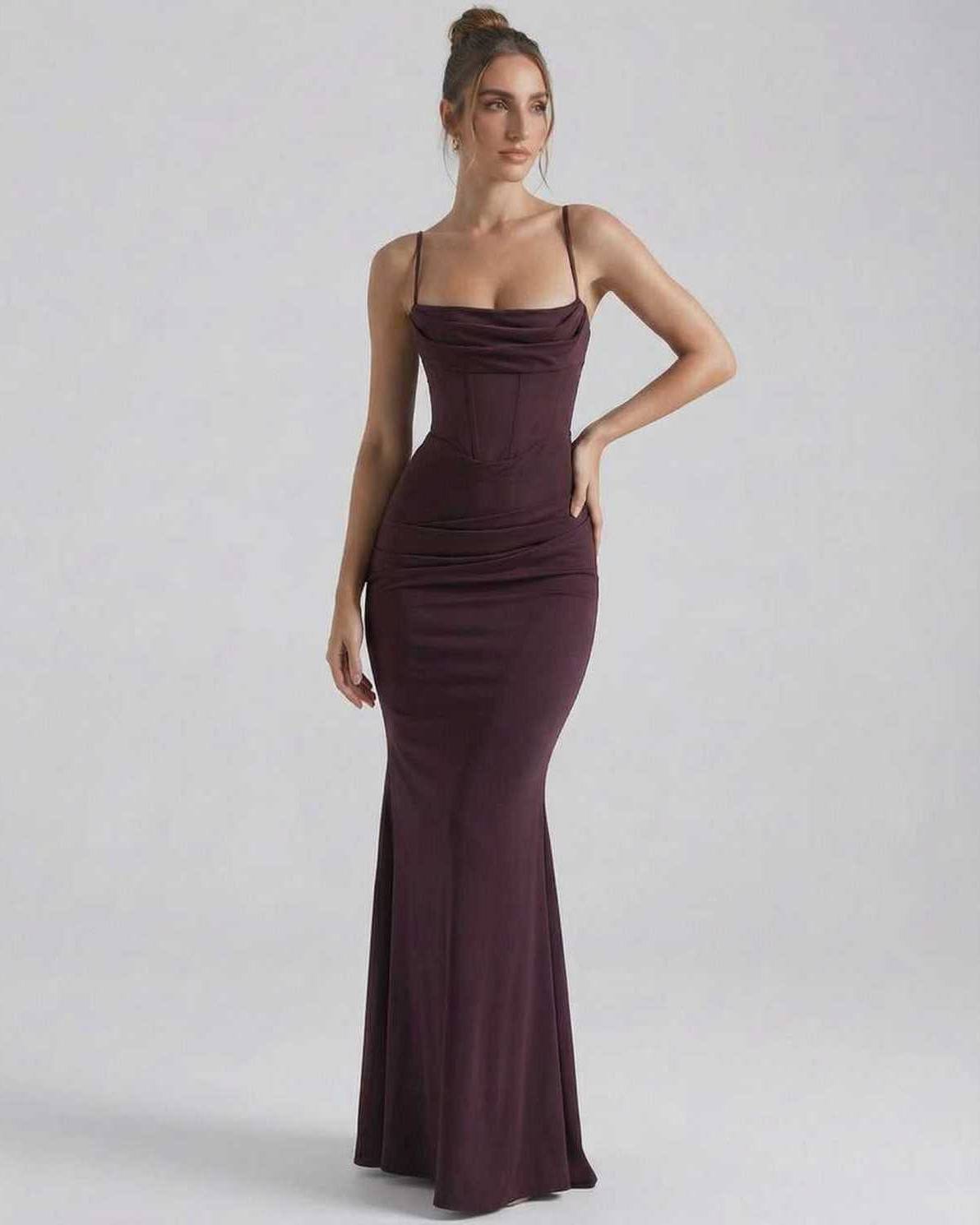 Celeste Maxi Dress in deep plum, sleek sheath silhouette with spaghetti straps by Lauven, offering elegance and comfort.