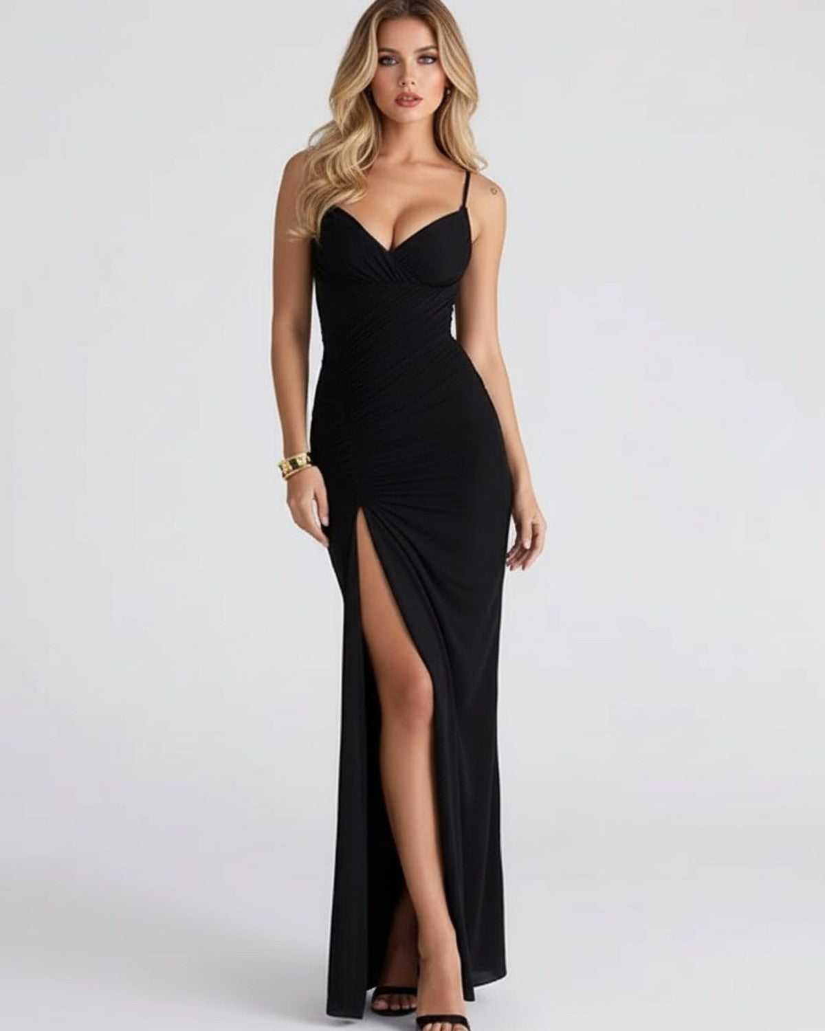 Celeste Maxi Dress by Lauven, elegant black dress with high slit and V-neckline, perfect for evening wear.